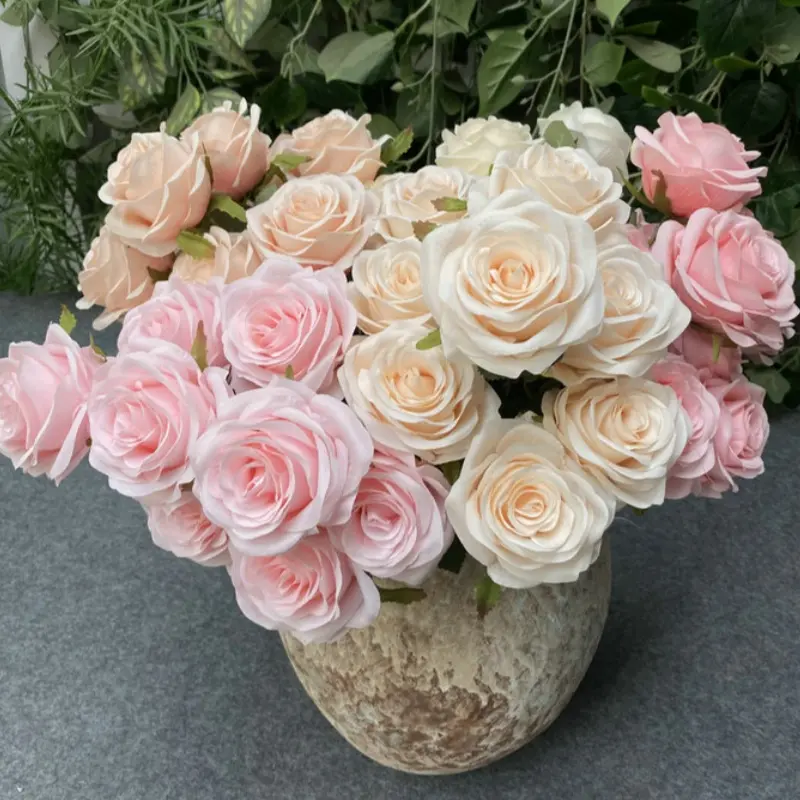 (10 Bunches) 9 Heads Medium Artificial Rose Bouquet, Realistic Faux Silk Roses 17.7in Total Height, 3.74in Flower Head, Bendable Stems for Wedding Bouquet Table Centerpiece Party DIY Floral Decor