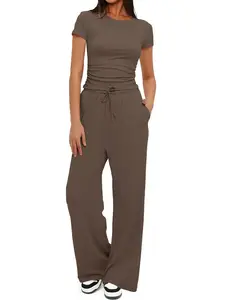 Women's Solid Round Neck Tee & Pants Loungewear Two/Six-Pice Set,Casual Pyjama Set for Wonmen,Comfy Loungewear Set for Daily Home Wear Pockets