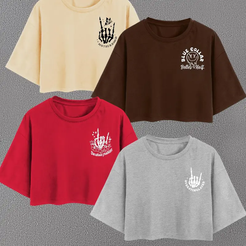 Women's Letter & Skeleton Hand Print Round Neck Tee, Casual Short Sleeve T-shirt for Summer, Ladies Clothes for Daily Wear, Graphic Tees