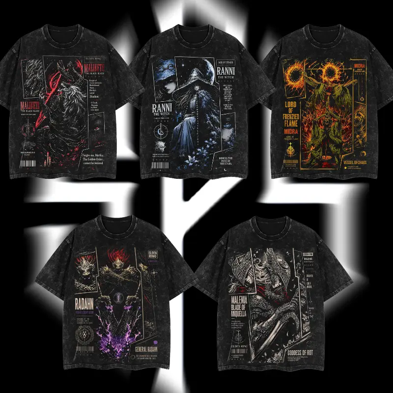 [Collection] Superstyle Ranni, Malenia, Radahn, Maliketh Dark Fantasy - Elden Ring Double Printed Oversized Short Sleeve Round Neck Streetwear Cotton T-Shirt for Men - Acid Washed, Relaxed, Vintage Retro Black Gaming Tops, Shortsleeve, Graphic T Shirts