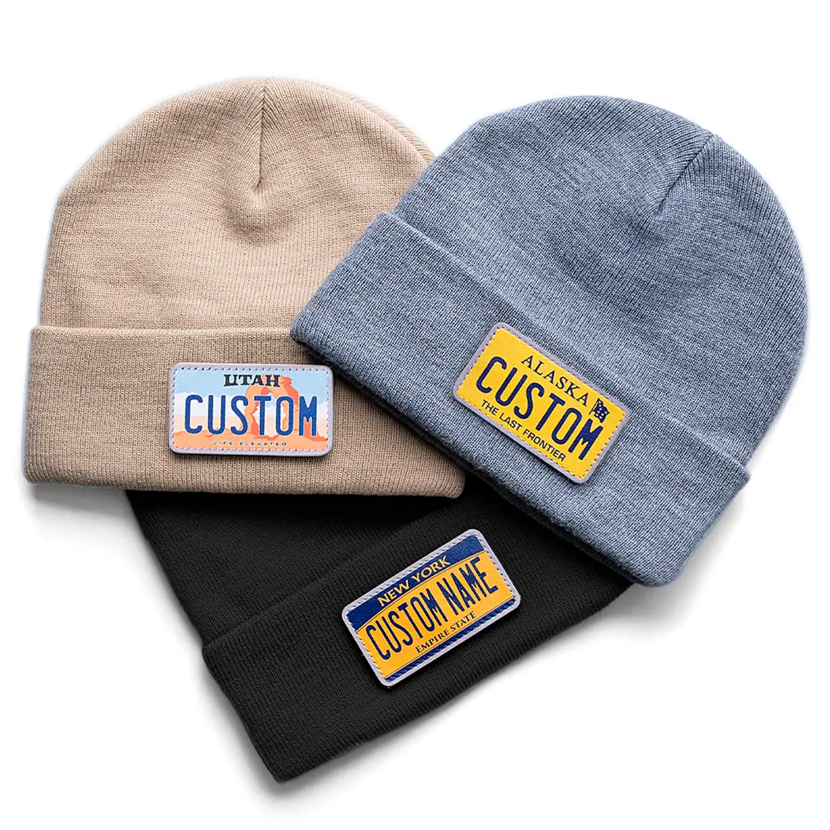 Custom U.S. License Plate Beanies with Leather Swap Patch Custom U.S. License Plate Beanies with Leather Swap Patch