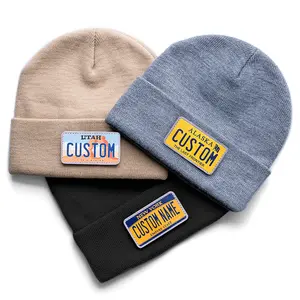 Custom U.S. License Plate Beanies with Leather Swap Patch