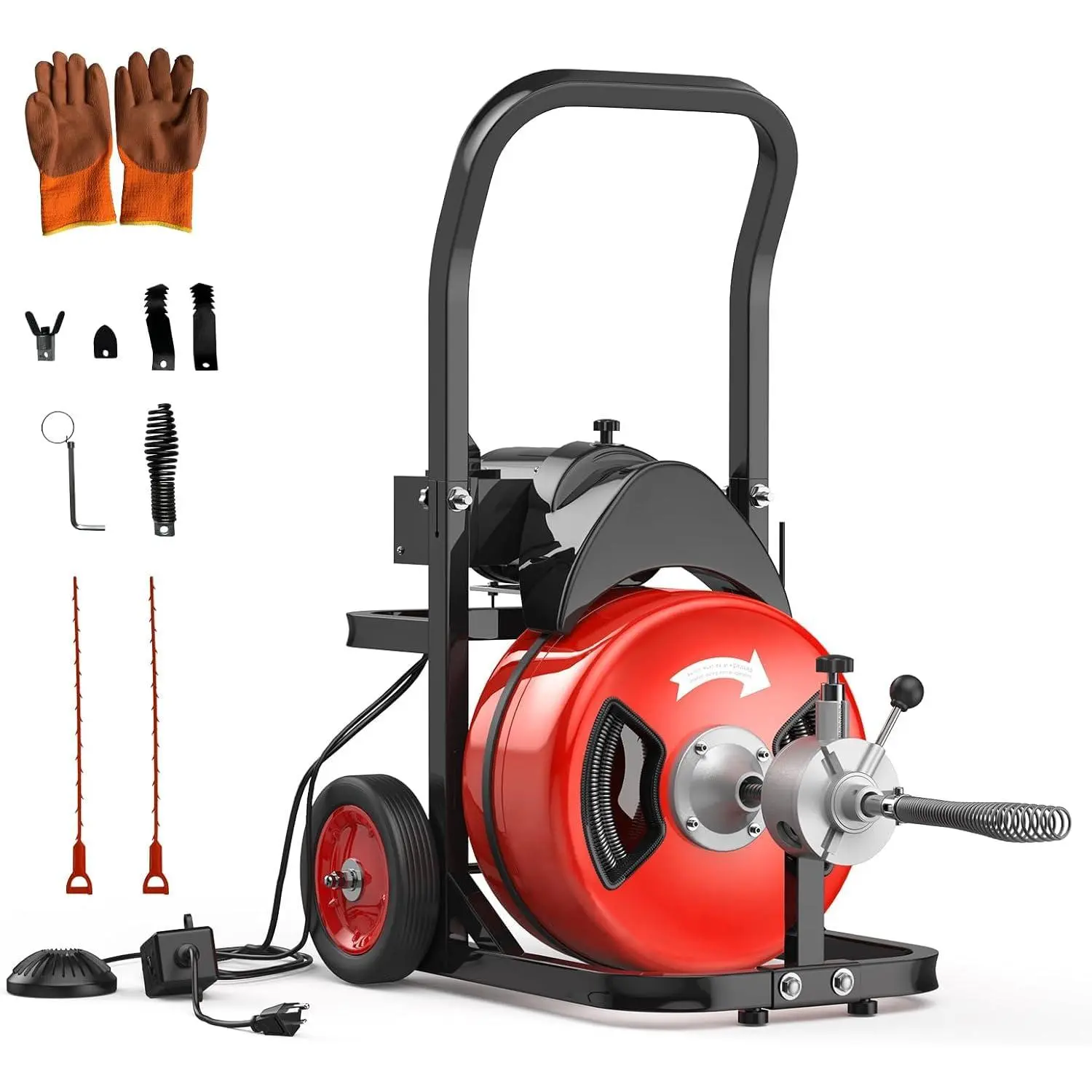 [Football Fan SeasonDeal] Powerful 100Ft 3/4 Inch Electric Drain Cleaning Machine – 750W Auto-Feed Sewer Snake Auger – 6 Cutter Heads – Air-Activated Foot Switch – For 4"-8" Pipes – Professional Plumbing Tool – Red