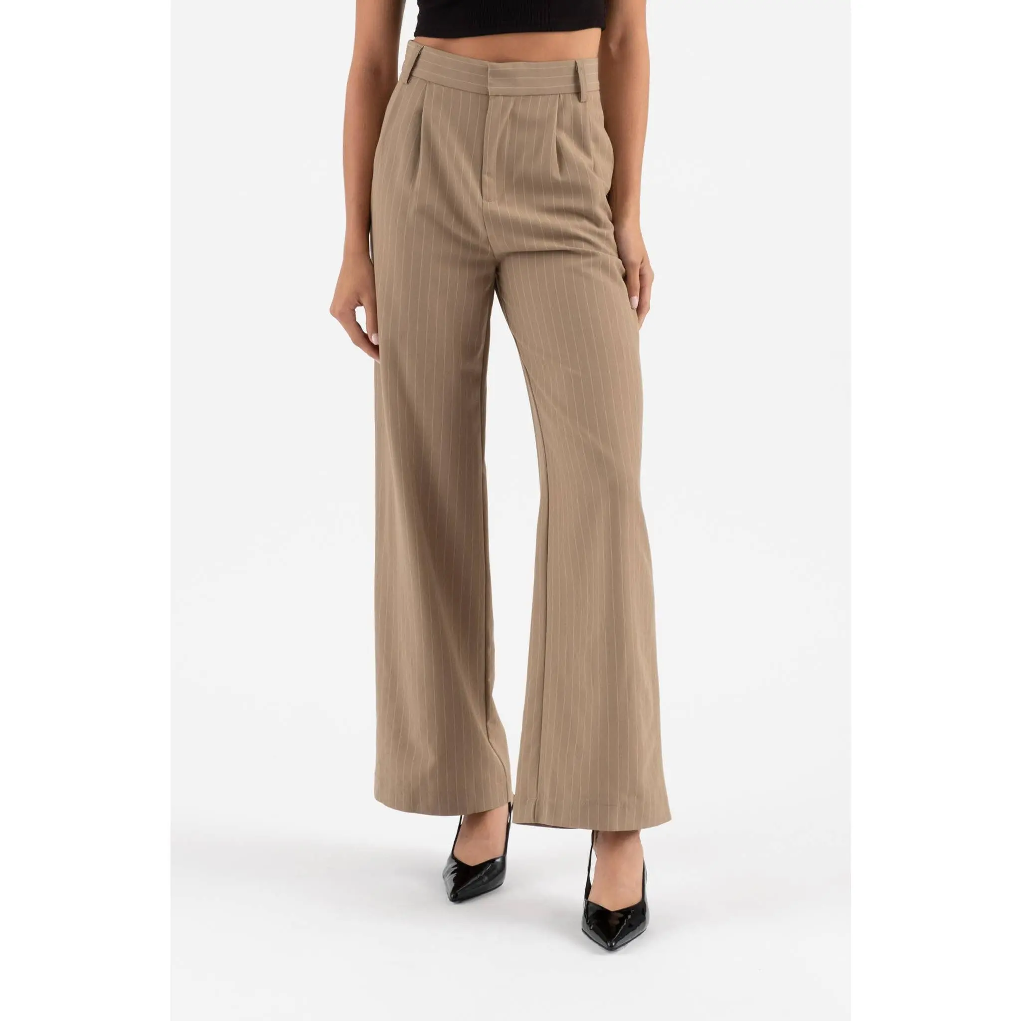 Pinstripe Flare Leg Pleated Pants
