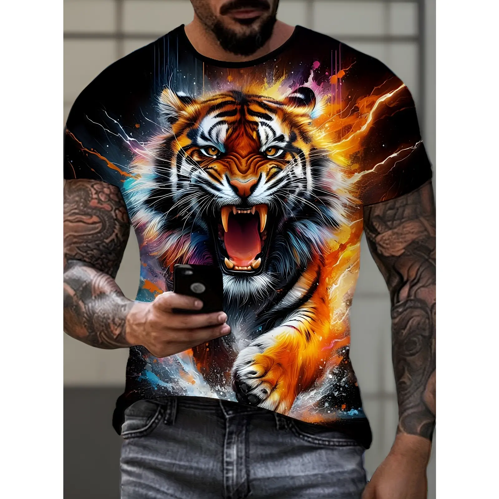 Men's Graffiti Tiger Pattern Crew Neck Short Sleeve T-Shirt - Colorful Casual All Seasons Street Style Top, Plus Size S-XL, Drop Shoulder, Dry Clean (Sports & Outdoor Clothing), All Over Print, Machine Washable