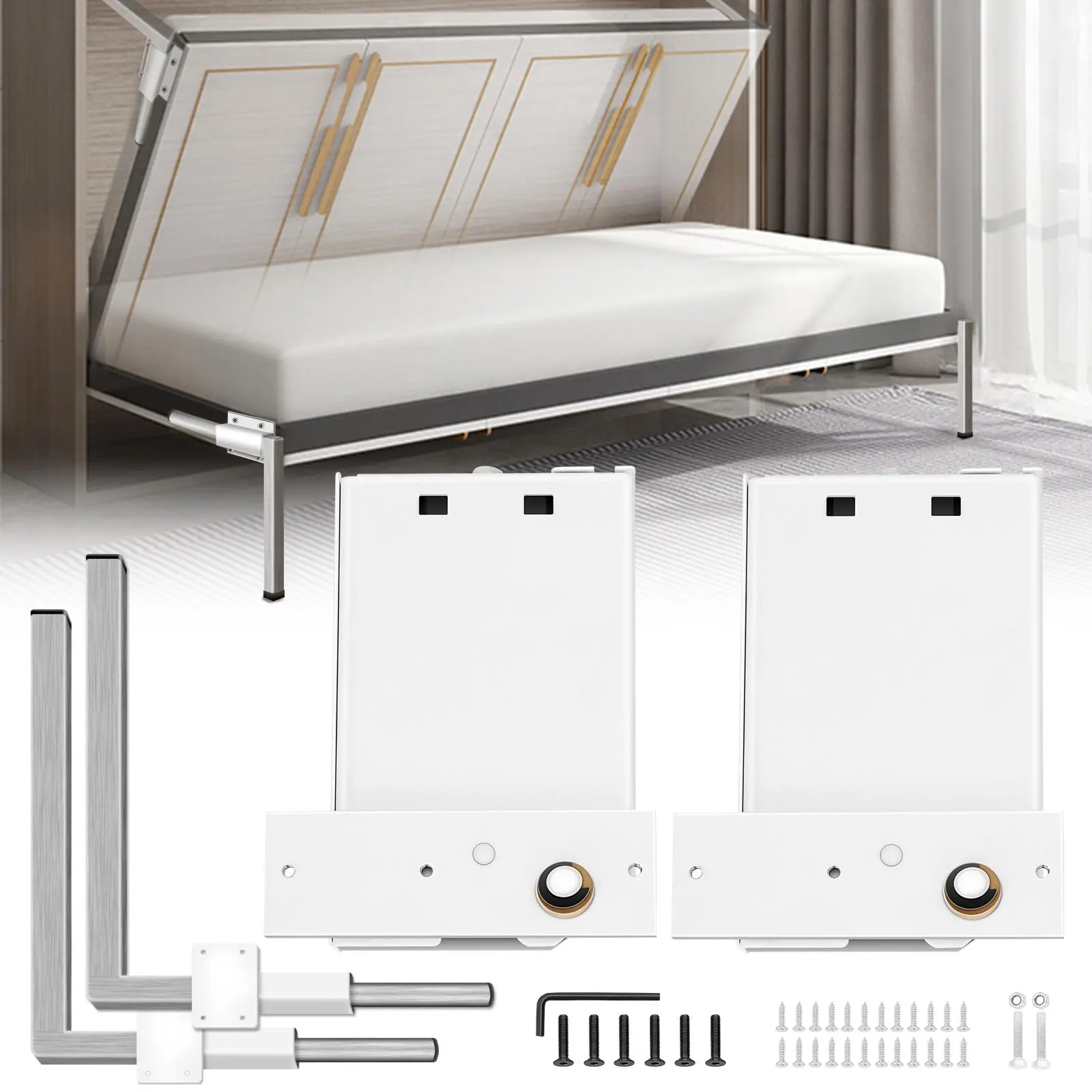 VEVOR Heavy-Duty Horizontal Wall-Mountable Murphy Bed Frame Mechanism Kit with Springs, White, for Queen/Twin Size Folding Guest Bed Support Hardware, Queen Bed Frame#BacktoSchool
