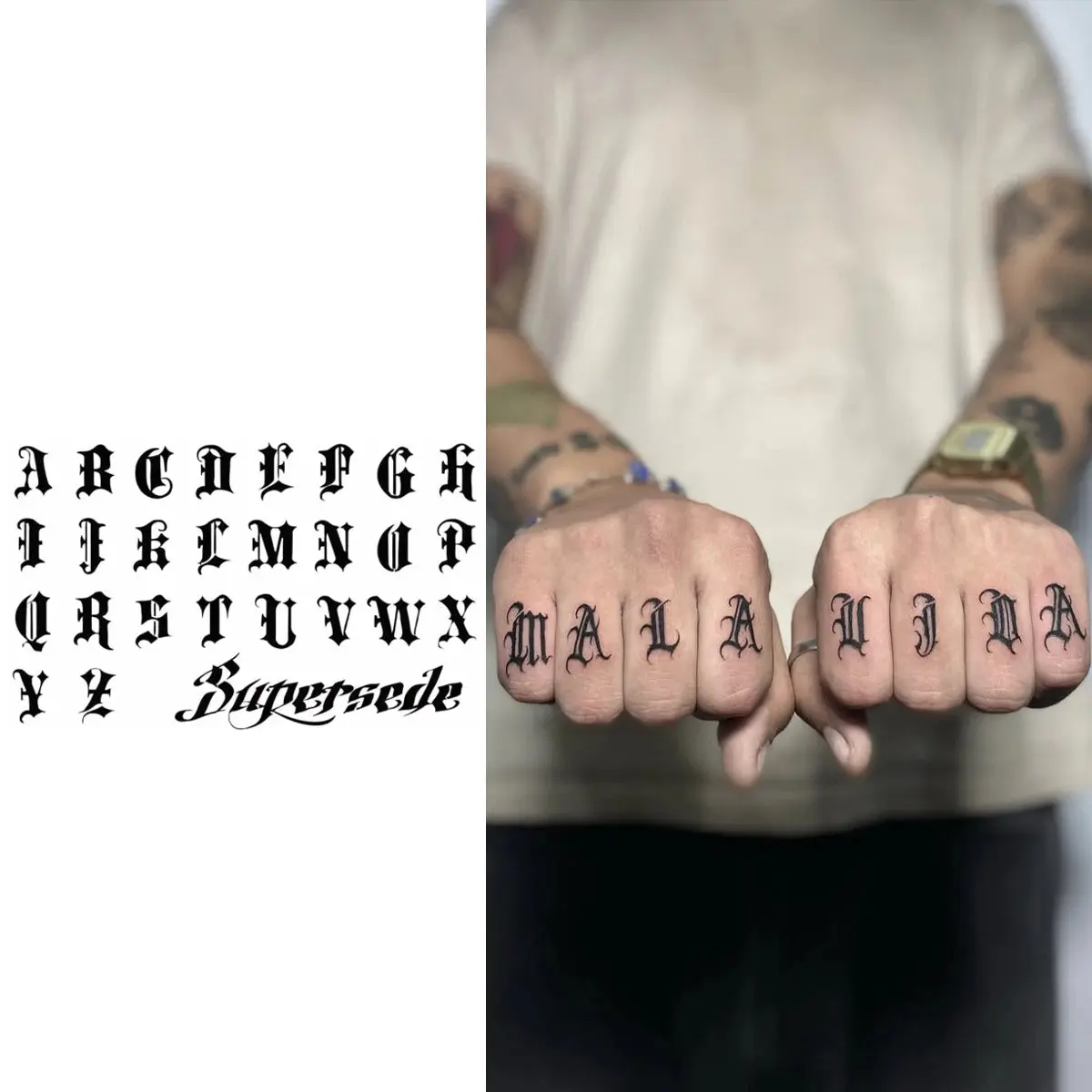 Realistic Semi-Permanent Tattoos Lasting up to 14 Days, Gothic Alphabet & Supersede Word Art, 5x8 Inch Peel Off Tattoo Stickers, Realistic Temporary Tattoos