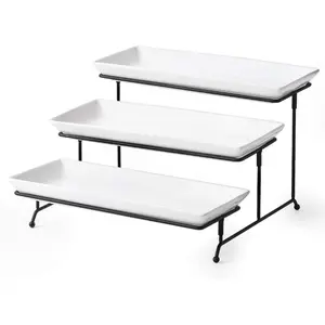 3 Tier Serving Stand Tiered Tray Stand with 3 Porcelain Serving Platters Trays for Dessert Server Display Collapsible Sturdier Metal Rack 14 inch