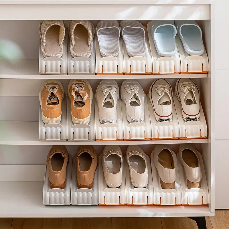 Space-saving shoe organizer: foldable double-layer shoe rack/box with layered dividers and shoe trays for closets