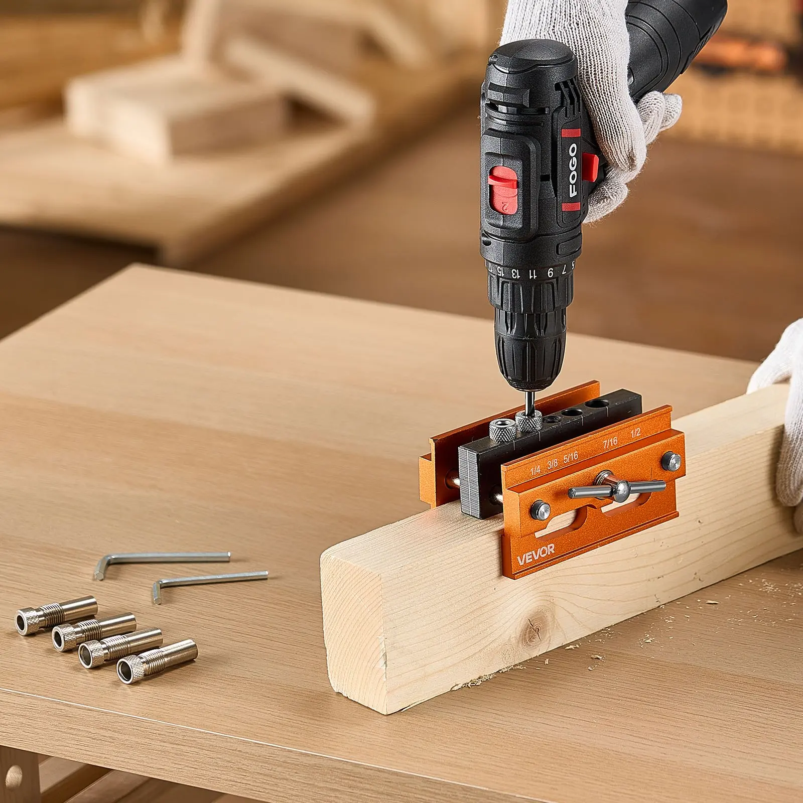 VEVOR Self-Centering Doweling Jig Kit, Aluminum Alloy Woodworking Tool with 6 Drill Guide Bushings, Adjustable Width for Tables, Desks, DIY Projects, Various Woods, Furniture Repair, Drilling & Marking, Bushings + Wrenches