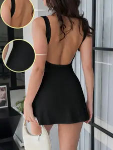 Womens Backless Black Mini Dress Sleeveless Scoop Back Bodycon Short Dress Stretch Elastic Slim Fit Sexy Little Black Dress Summer Evening Party Night Out Cocktail Club Holiday Vacation Chic Outfit