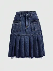 Grunge Punk Flap Pocket Pleated Hem Denim Skirt