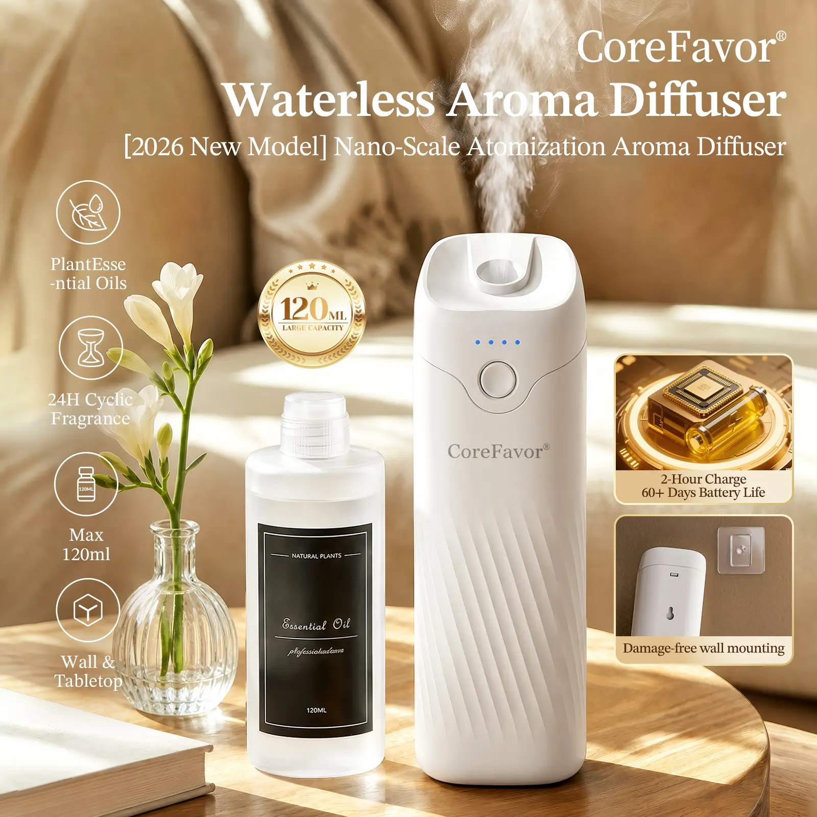 CoreFavor Waterless Essential Oil Diffuser | 120ml Capacity USB Rechargeable, Wall Mount Portable Scent Machine, 4 Adjustable Fragrance Levels, Quiet Aroma Diffuser for Bathroom Bedroom Office Car