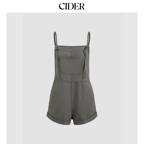 Cider Women's Casual Solid Regular Cotton Blend Overalls Romper - Sleeveless, Collared, Button-Front, Above the Knee Ultra Short, Patch Pockets, Washed Look, Simplifies Daily Outfits