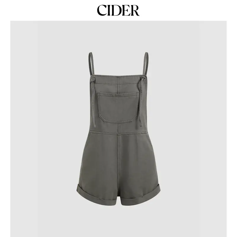 Cider Women's Casual Solid Regular Cotton Blend Overalls Romper - Sleeveless, Collared, Button-Front, Above the Knee Ultra Short, Patch Pockets, Washed Look, Simplifies Daily Outfits