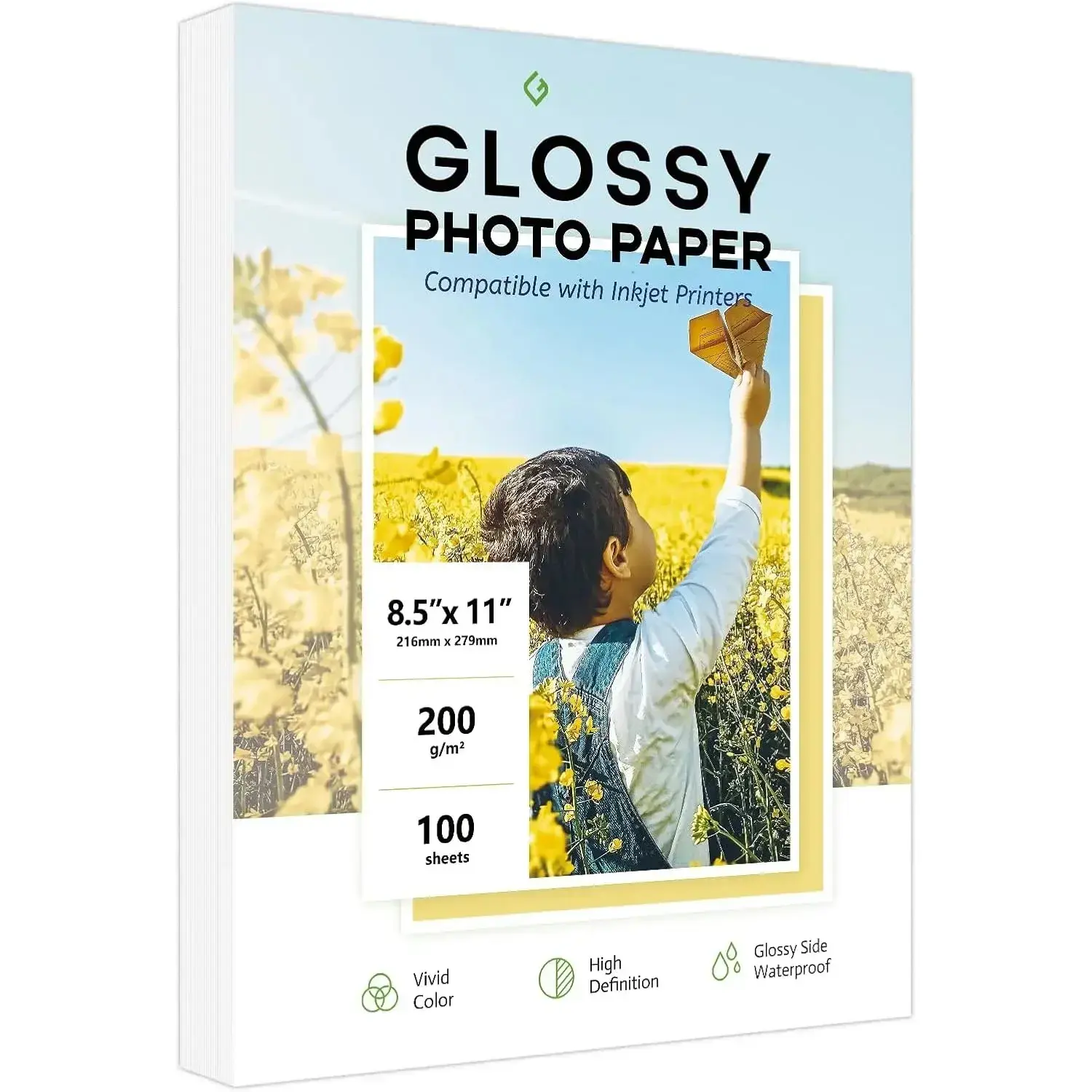 Glossy Inkjet Photo Paper, 8.5x11 in, 200GSM/54LB for Dye Ink, 1 Pack 100 Sheets with Waterproof Coating, Ideal for Flyers, DIY Brochures, Chip Bags