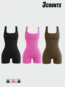 Women's Solid Color Sports Bodysuit, Casual Comfy Breathable Sleeveless Bodycon Bodysuit for Yoga Gym Workout, Ladies Sportswear for All Seasons, Womenswear, Body Sculpting Compression