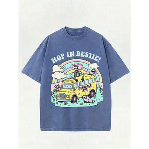 Men's Heavyweight 220gsm Vintage Graphic T-Shirt - Lavender Retro Streetwear Tee with "HOP IN BESTIE!" School Bus Design, Relaxed Fit Crewneck Shirt for Casual Outfits & Road Trips - Machine Washable, Summer Clothing, Playful Print Top, Durable Fabric