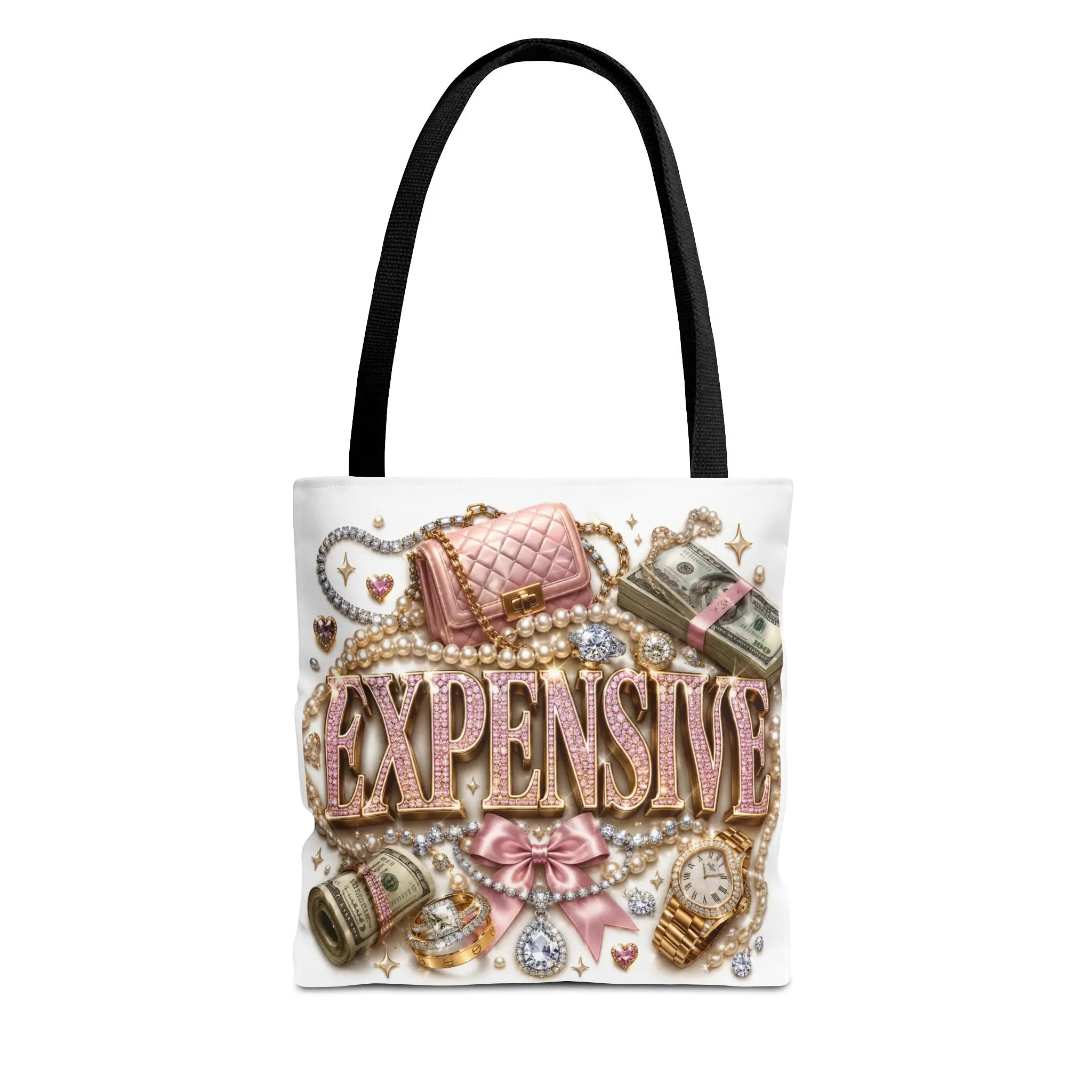 Expensive Glam Tote Bag — Luxury Bling Print with Cash, Jewels & Handbag