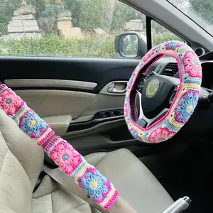 Car Steering Wheel Cover & Seat Belt Cover, 1 Set Handmade Crochet Car Interior Decoration, Car Accessories for Women & Girls, Girly Car Interior Sets