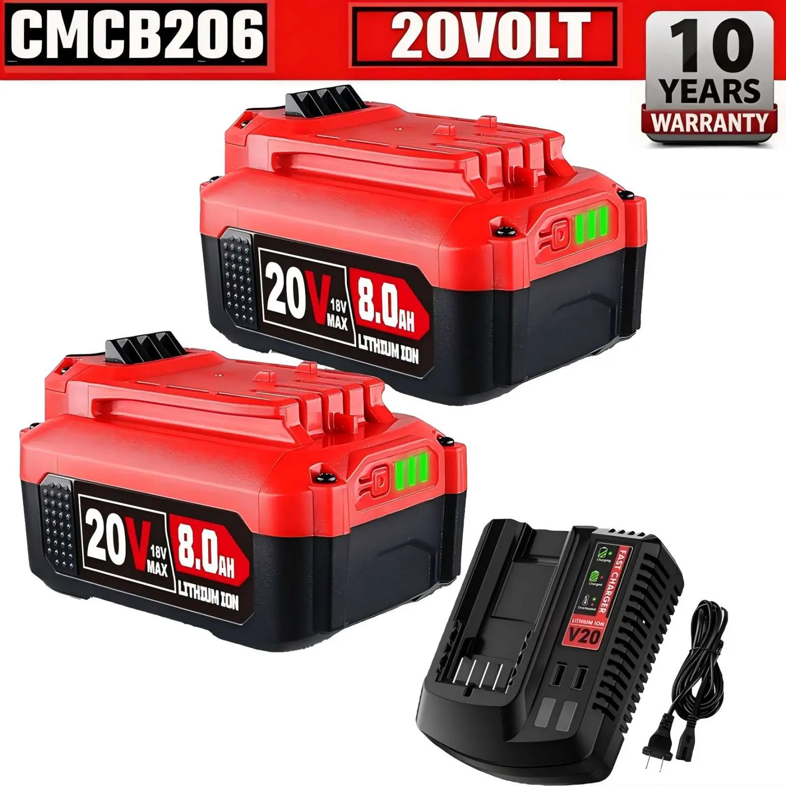 Craftsman V20 Series Replacement Lithium Ion Batteries & Charger Set - 2/1 Dual Pack, 20V, 8.0Ah High Capacity, Compatible with CMCB202 CMCB204 CMCB206