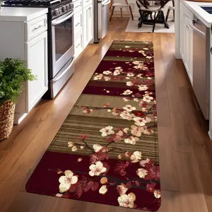 1PC， White and Red Floral Pattern on Burgundy Background Patterned strip rugs, home décor, bathroom mats, entryway mats, bathroom non-slip mats, indoor entrance rugs, bedroom bedside mats, kitchen mats, hallway rugs, flannel sponge rugs