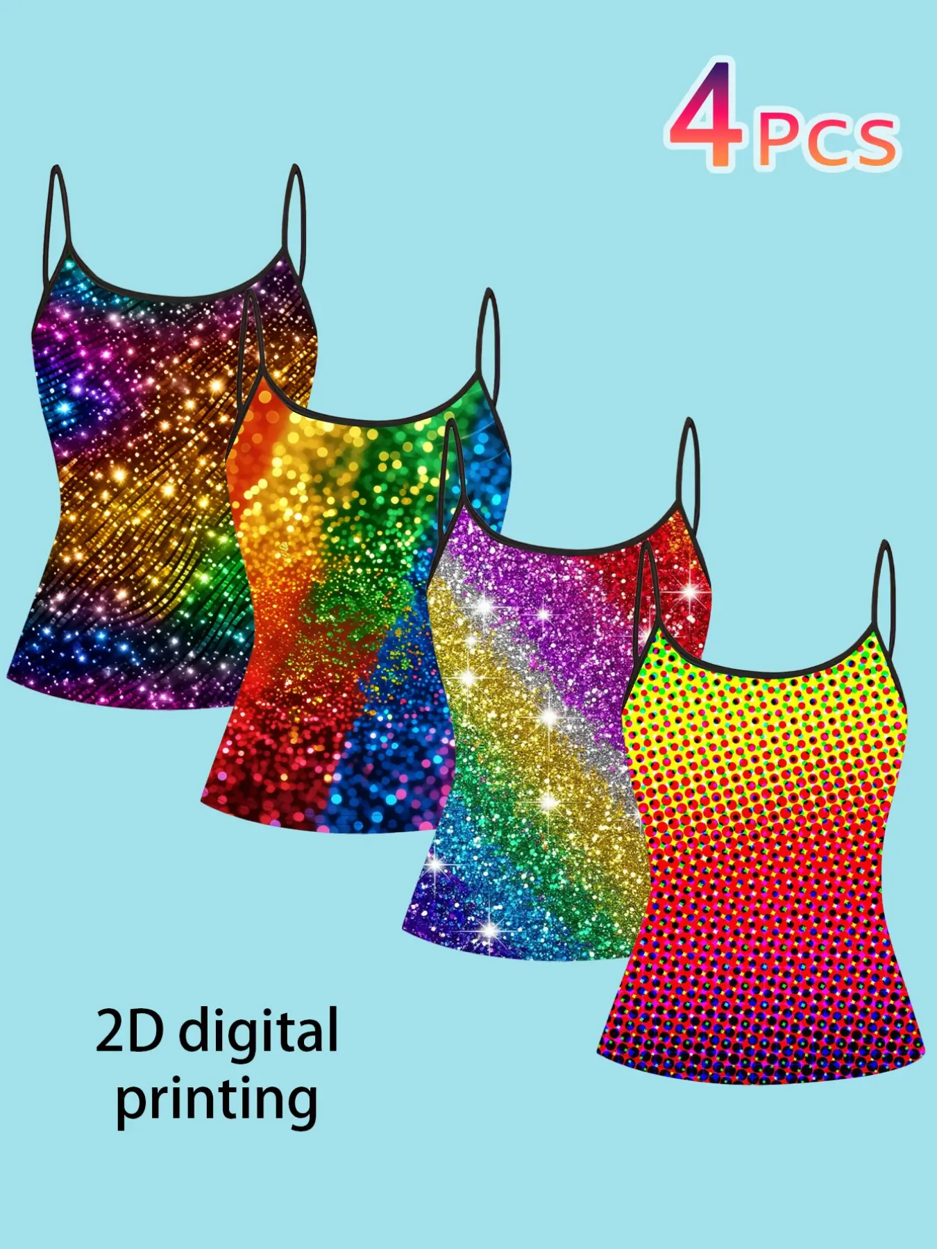 Women's Rainbow Sequins Printed Strapless Top, Sleeveless, Slim Fit Party Wear, All Season Casual Style, No Collar Design, Pack of 4, Womenswear
