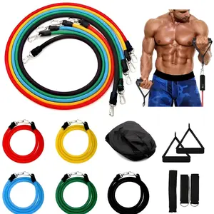 11PCS Resistance Workout Bands, 42” Long Fitness Tubes with Zinc Alloy Clips, 5 Tension Levels, Foam Handles & Carry Bag for Home Gym Training