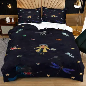 Wearing yellow clothes doll little girl duvet cover set,Coraline animated pattern suitable for bedroom decoration bedding,a gift for teenagers,including 1 duvet cover and 1 or 2 pillowcases without a core and pillow Bed Sets Supplies