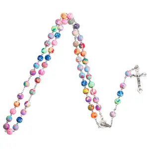 Religious Rosary Necklace for Cross Crucifix Pendant Chain Jewelry Sweater C