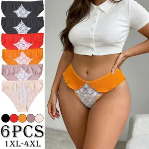 Women’s Lingerie 6-Pack Patchwork Fabric Ruffle Cutout Lace Triangle Panties - Butt-Lifting, Skin-Friendly, Breathable, Plus Size - for Everyday Wear & Dates
