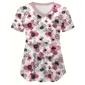 [Floral Print Scrub Top] Comfortable Floral Print Short Sleeve Stretchy Scrub Top - Functional Health Care Uniform For Nurse - Women's Clothing