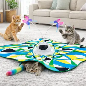 WOPET Hide-and-seek style cat toy, with hidden, unpredictable moving feathers, interactive cat wand toy, rotating butterfly cat teaser, automatic charging cat toy, suitable for all breeds of cats, indoor exercise toy, with a floral pattern cover.