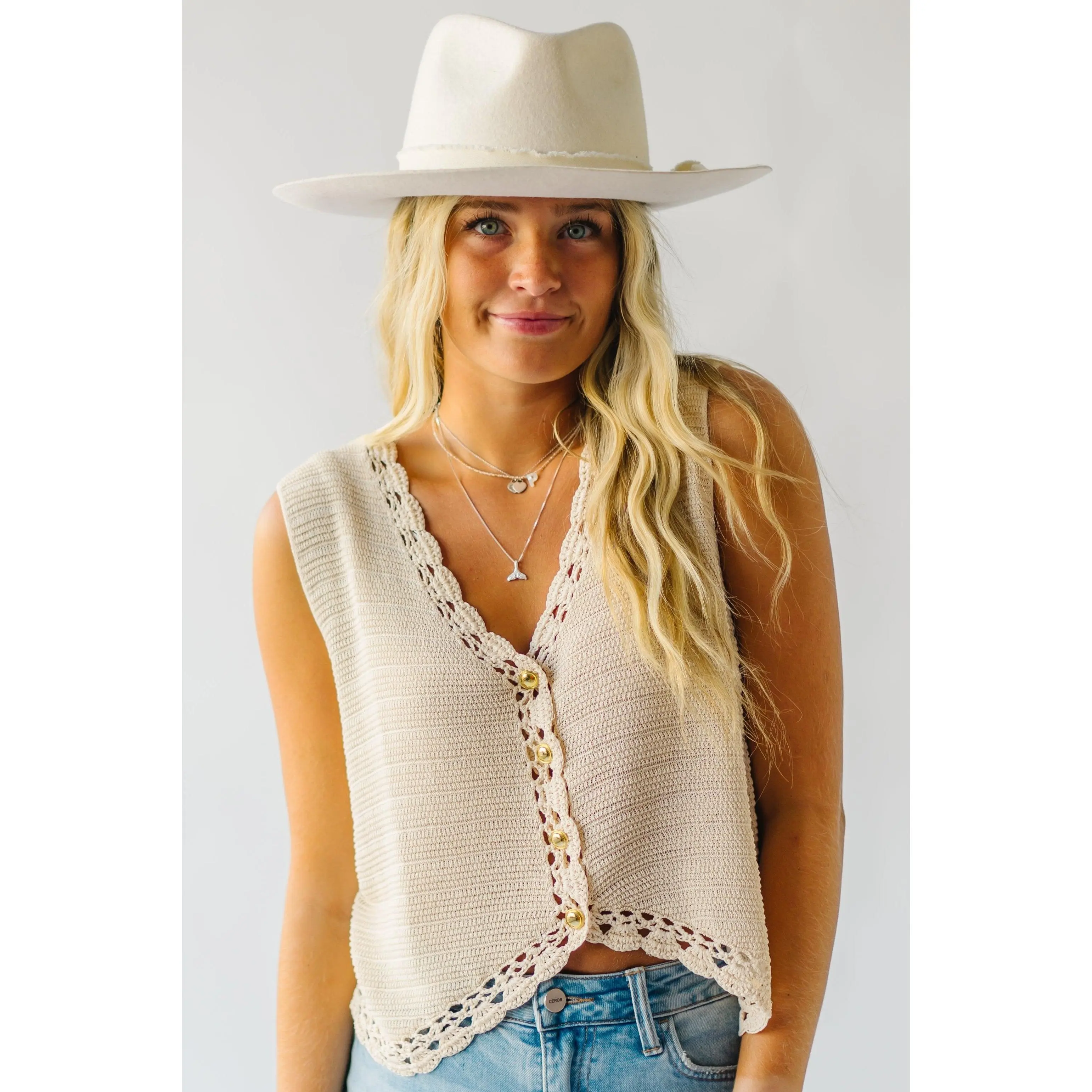The Wilda Crochet Trim Sweater Vest in Oatmeal