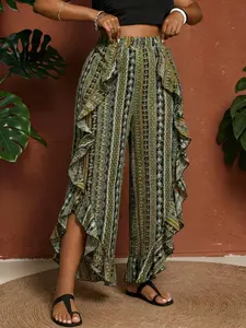 [Plus Size] Ethnic Pattern Ruffle Trim Split Hem Pants, Boho Elastic Waist Trousers for Daily Holiday Vacation Wear, Women's Bottoms for Summer, Bohemian Style, Boho Casual Trousers