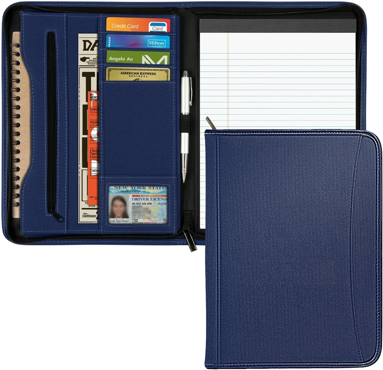 Zippered Portfolio Organizer A4 Refillable Lined Writing Notepad Folder Case Fabric-Covered Padfolio Binder with Interior Storage Pocket for Men Women Navy Blue
