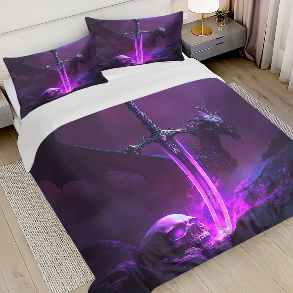 3-Piece Dark Dragon Sword and Skull Bed Sheet Set with Purple Glow Effect - Elegant Bed Cover Set, Polyester, Digital Printing, Zipper Closure, Machine Washable, All-Season Use, Gothic Home Decor | Edge Bedroom Style | Polyester fiber, dragon decoration