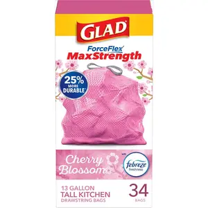 ForceFlex MaxStrength 13 gal. Cherry Blossom Scent Pink Kitchen Drawstring Trash Bags (34-Count)