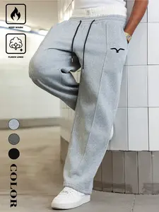 Neutral Minimalist Seagull Logo Fleece Wide Leg Sport Pants, Ultra-Warm Lamb Wool Lining Drawstring Joggers, Winter Comfort Home Wear