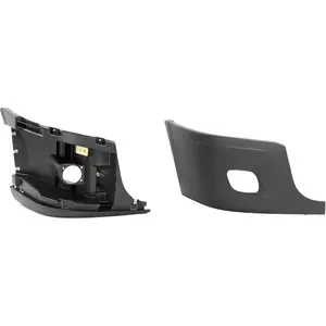Front Bumper End Cap+Reinforcement Compatible with 2008-2017 Freightliner Cascadia Bumper End Corner Extension Inner Reinforcement Right Passenger Side With Fog Light Cut-out Black Plastic (PP)