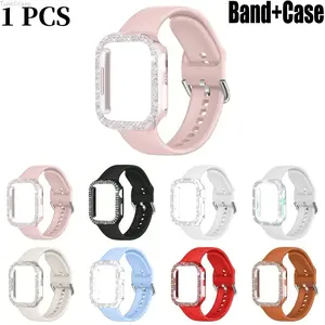 Soft Silicone Sport Band & Bling Rhinestone Case (Hollow-OutProtective) Cover Set – 2 Pieces, Waterproof Adjustable Wristband & Anti-Fall Protector, Fits Apple Watch 38–49mm & Series 1–11/SE/Ultra, Great for Summer Rotation
