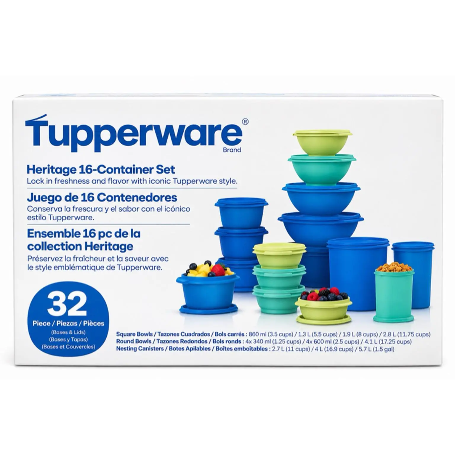 Tupperware Heritage 16-Container Set - 32 Pieces Including Square Bowls & Nesting Canisters for Freshness & Flavor Preservation