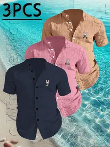 3-Pack Men's Stand Collar Geometric Pattern Shirts, Casual Short Sleeve Button-Down Tees, Spring Summer High-Quality
