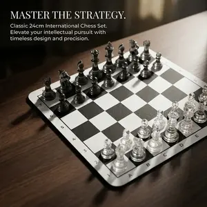 Premium Transparent Chess Set, 24cm/9.4in Portable Compact Board Game, Clear & Smoky Acrylic Pieces, Foldable Mat, Travel, Home Decor, Office Play