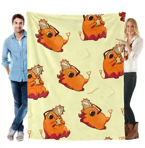 Chainsaw Man Pochita Blanket Ultra Soft Flannel Throw Cute Anime Blanket Light Yellow Adorable Pochita Eating Toast Pattern Cozy Home Decor Sofa Couch Bed Gift Birthday Christmas Teens Adults Fans