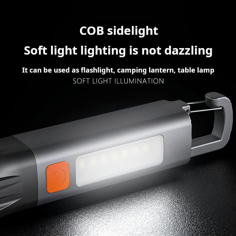 Mini bright LED rechargeable waterproof flashlight with hook, high brightness, with side light, zoomable, ultra-bright handheld flashlight, suitable for emergencies / camping / home / hiking / adventures