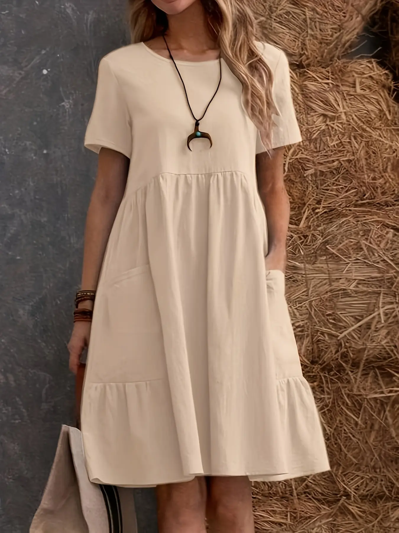 Elegant Spring Summer New Solid Pure Color Pleated Pocket Casual Everyday Wear Boho Chic Round Neck Short Sleeve Dress, Womenswear Women's Fashionable Clothing