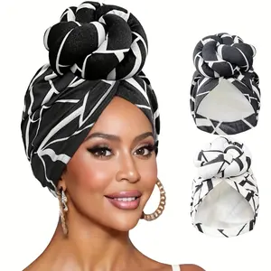 2pcs Printed Headscarf Hat, Pre-Made Knotted Hair Turban, Women's Party Decoration Headwearp