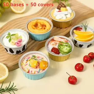 100PCS Disposable Foil Dessert Cup Set, Includes 50 Cups + 50 Lids, Perfect for Muffins, Creme Brulee, Pudding, Cheesecake, Cream Cups and Bakery Packaging, Kitchen Baking Supplies, Bakeware, Pink and Milk Color Optional