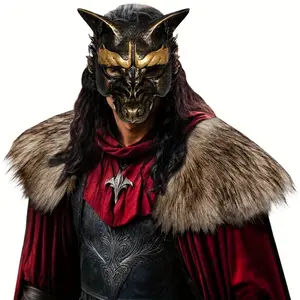 Viking Men's Faux Fur Shawl Collar with PU Mask Set, Anubis Costume LARP Winter Cosplay, Red Fluffy, Bestie Crewneck Clothes Menswear Gamis Brown